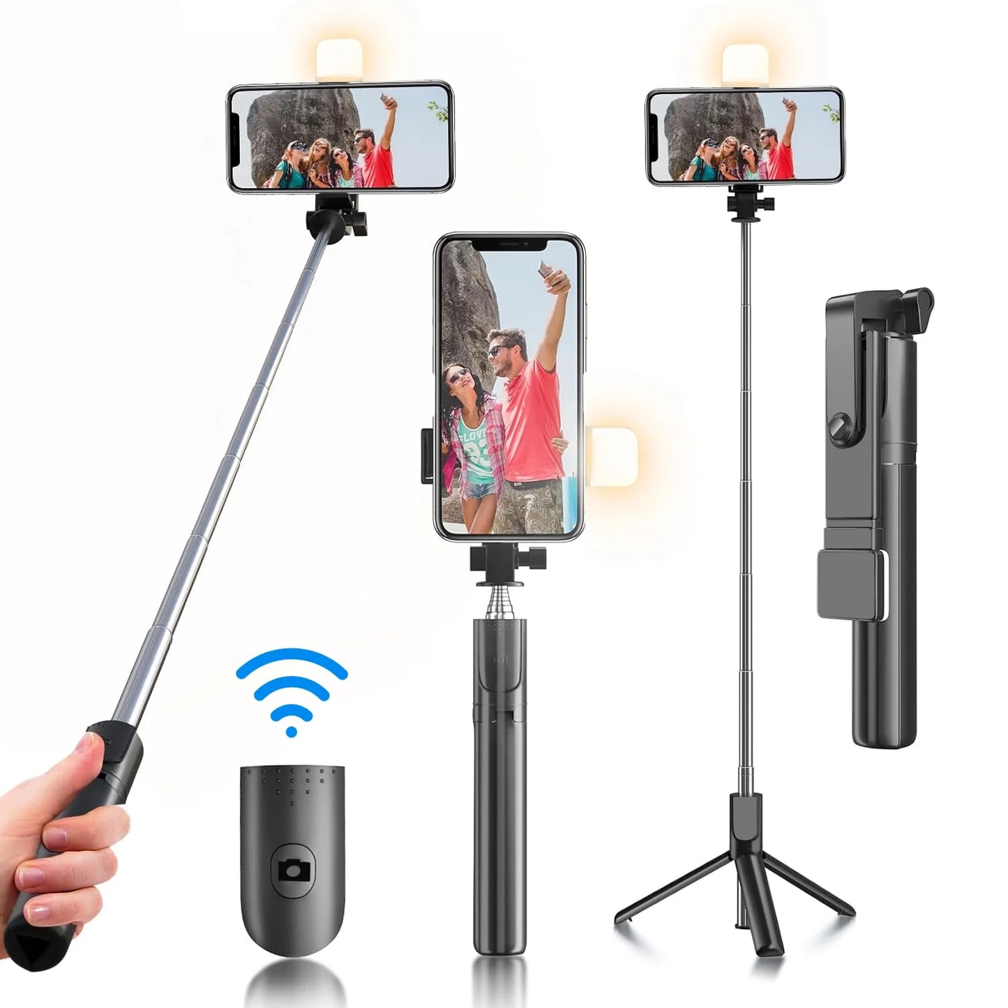 Selfie Stick, 40 in Retractable with Remote, 2 Level Fill Light, Selfie Stick for Iphone Android, Black