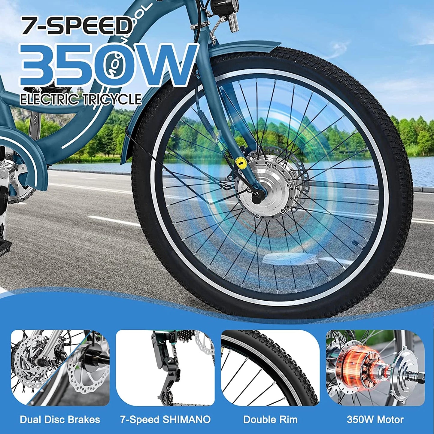 Electric Tricycle, 350W 36V 24 Inches 7 Speeds 3 Wheels Electric Bikes for Adults, Motorized Electric Trike Three Wheel Electric Bicycle