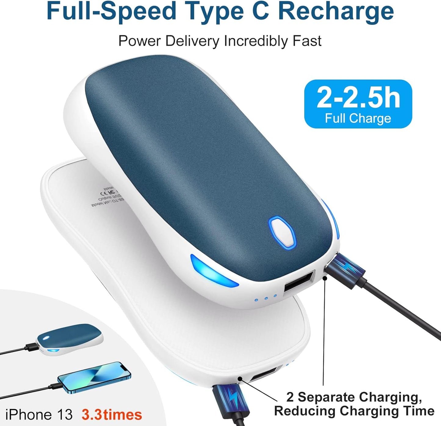 Upgraded 10000Mah Quick Charge 2 in 1 Hand Warmers Rechargeable Power Bank, Reusable Electric Portable Pocket Hands Heater Winter Warmer, 15 Hours Portable Heater Therapy Outdoors Warm Gifts