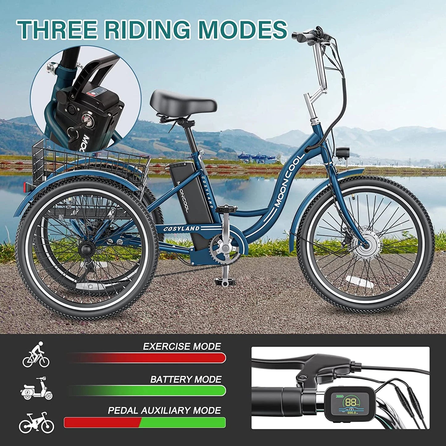 Electric Tricycle, 350W 36V 24 Inches 7 Speeds 3 Wheels Electric Bikes for Adults, Motorized Electric Trike Three Wheel Electric Bicycle