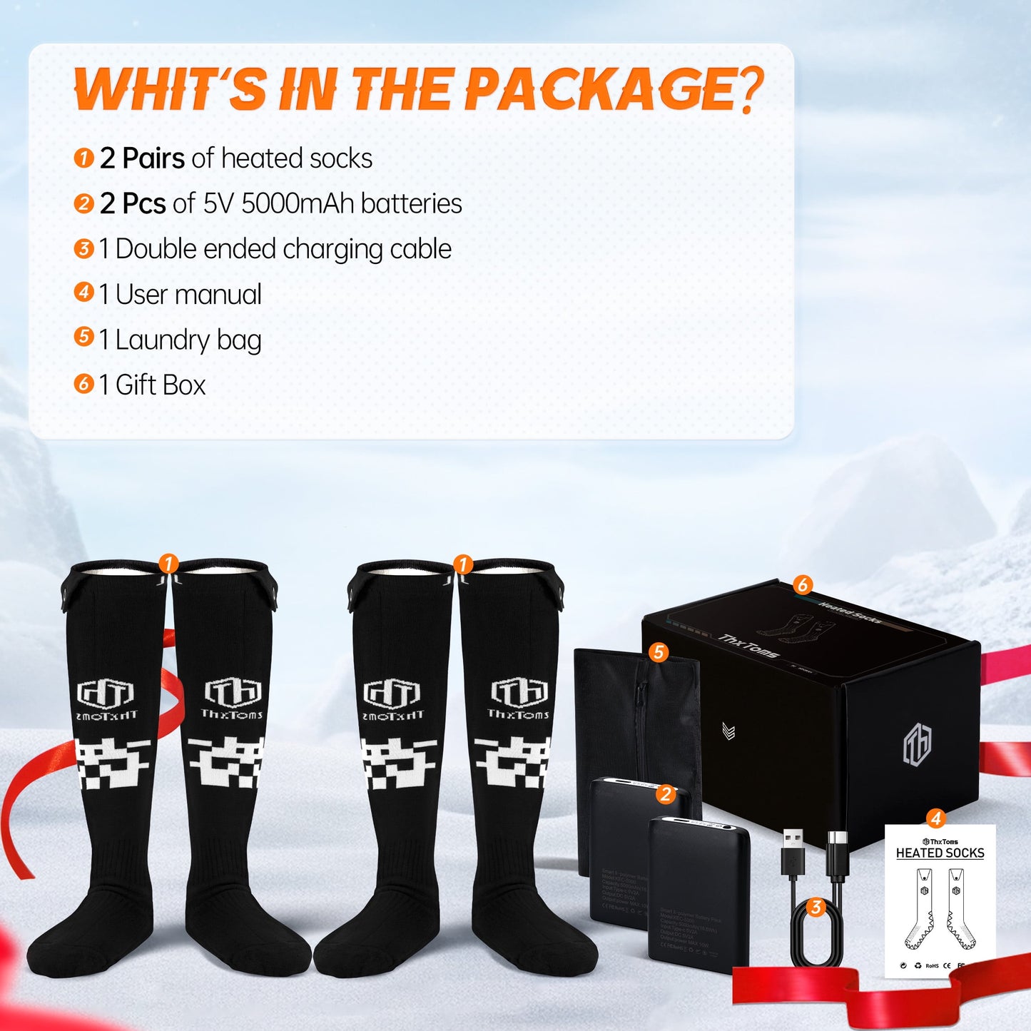 Electric Heated Socks for Men Women, 5000Mah Rechargeable Battery Heating Socks with App Control, Outdoor Skiing Hunting Riding Camping Hiking Warming Winter Socks 2 Pairs L