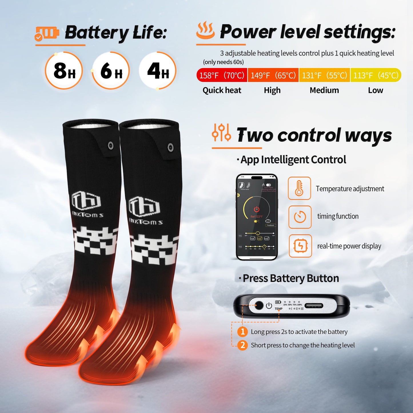 Electric Heated Socks for Men Women, 5000Mah Rechargeable Battery Heating Socks with App Control, Outdoor Skiing Hunting Riding Camping Hiking Warming Winter Socks 2 Pairs L