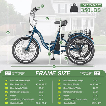 Electric Tricycle, 350W 36V 24 Inches 7 Speeds 3 Wheels Electric Bikes for Adults, Motorized Electric Trike Three Wheel Electric Bicycle