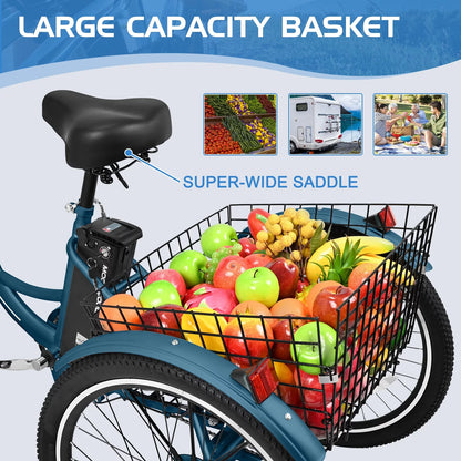 Electric Tricycle, 350W 36V 24 Inches 7 Speeds 3 Wheels Electric Bikes for Adults, Motorized Electric Trike Three Wheel Electric Bicycle
