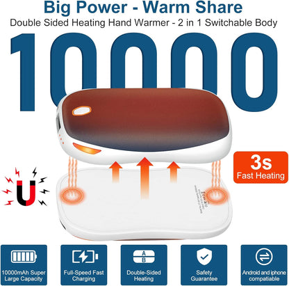 Upgraded 10000Mah Quick Charge 2 in 1 Hand Warmers Rechargeable Power Bank, Reusable Electric Portable Pocket Hands Heater Winter Warmer, 15 Hours Portable Heater Therapy Outdoors Warm Gifts